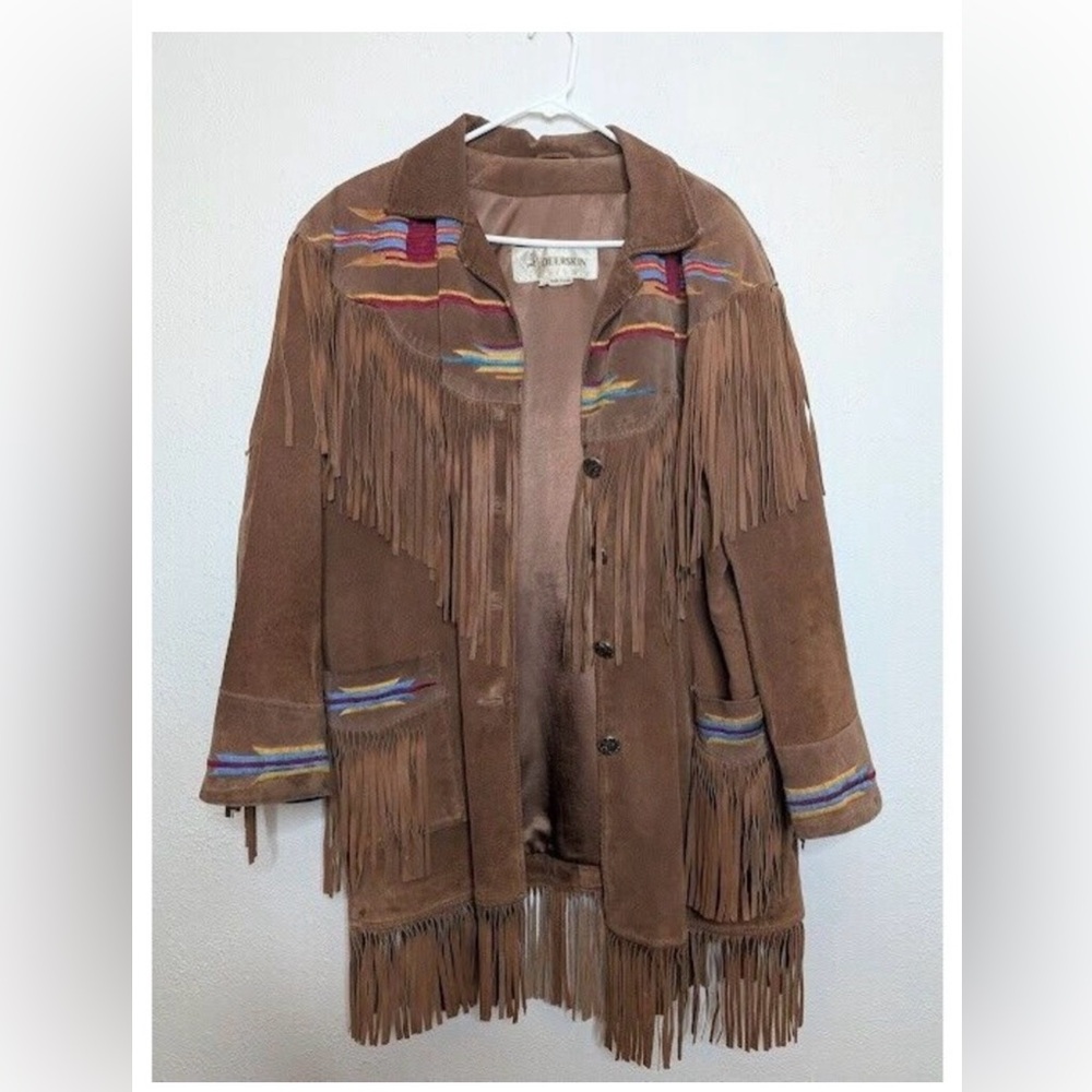 Vintage Rockabilly Mid Western Deerskin Fringed Jacket Size Large Aztec Colorful